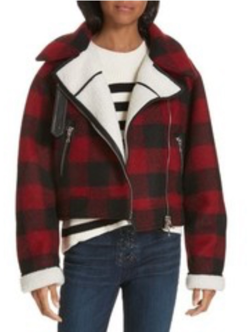 Veronica Beard Benni Faux Shearling Moto Jacket Buffalo Red Plaid